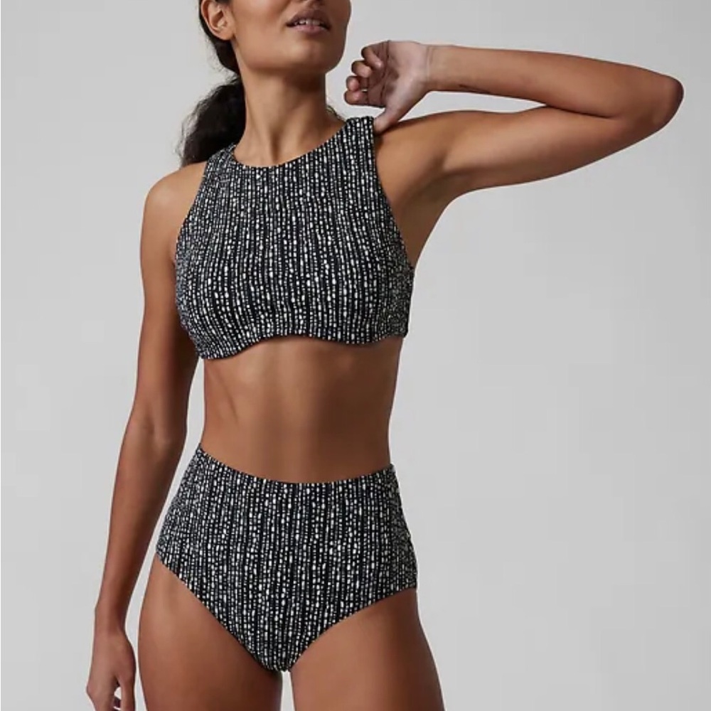Athleta Maldive Bra Cup Top/High Waist Bottom Bikini‎ Set in Rice Pearls Pattern
